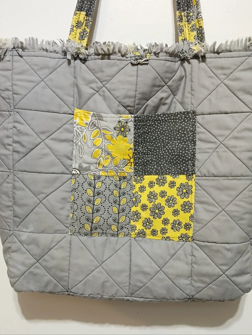 Handmade Quilted Bag Large With Button Closure Yellow Gray‎ And Black